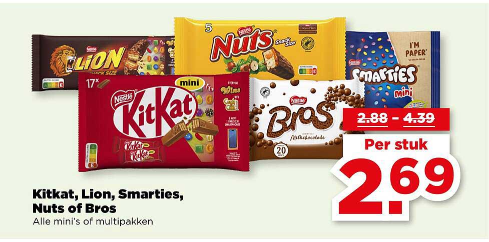Kitkat, Lion, Smarties, Nuts of Bros