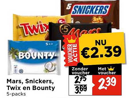 Mars, Snickers, Twix en Bounty 5-packs