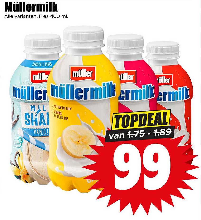 Müllermilk Alle varianten. Fles 400 ml.