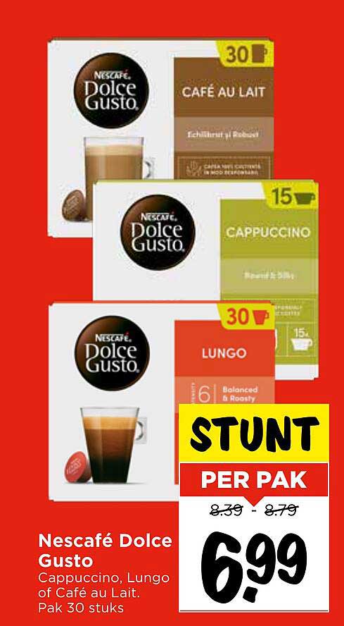 Nescafé Dolce Gusto Cappuccino, Lungo of Café au Lait. Pak 30 stuks