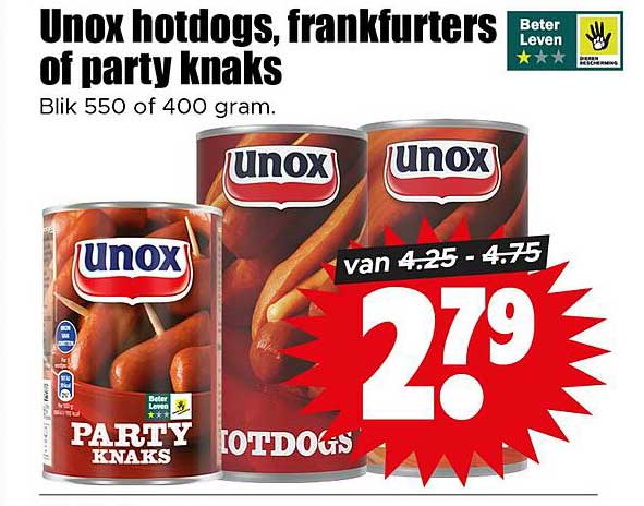 Unox hotdogs, frankfurters of party knaks