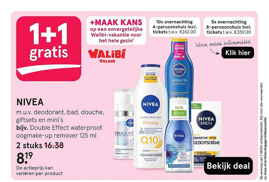 1+1 gratis NIVEA m.u.v. deodorant, bad, douche, giftsets en mini’s bijv. Double Effect waterproof oogmake-up remover 125 ml