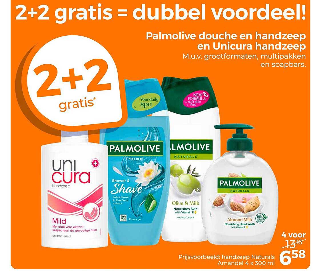 2+2 gratis = dubbel voordeel! Palmolive douche en handzeep en Unicura handzeep