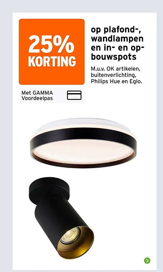 25% KORTING op plafond-, wandlampen en in- en opbouwspots