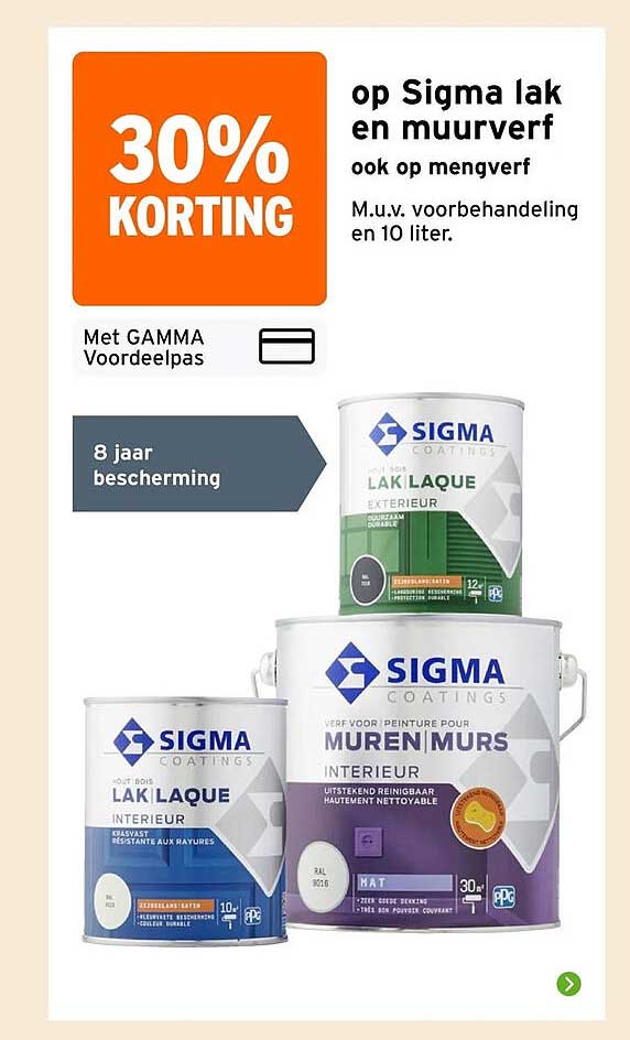 30% korting op Sigma lak en muurverf ook op mengverf