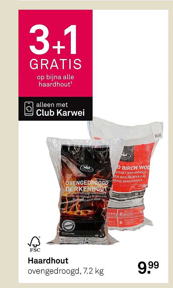 3+1 GRATIS op bijna alle haardhout¹ alleen met Club Karwei Haardhout ovengedroogd, 7,2 kg