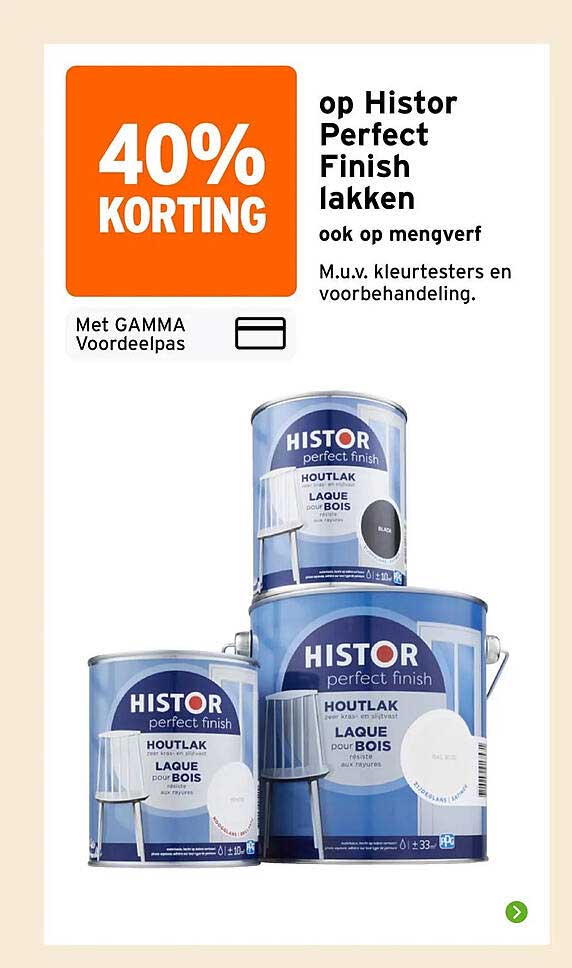 40% korting op Histor Perfect Finish lakken ook op mengverf