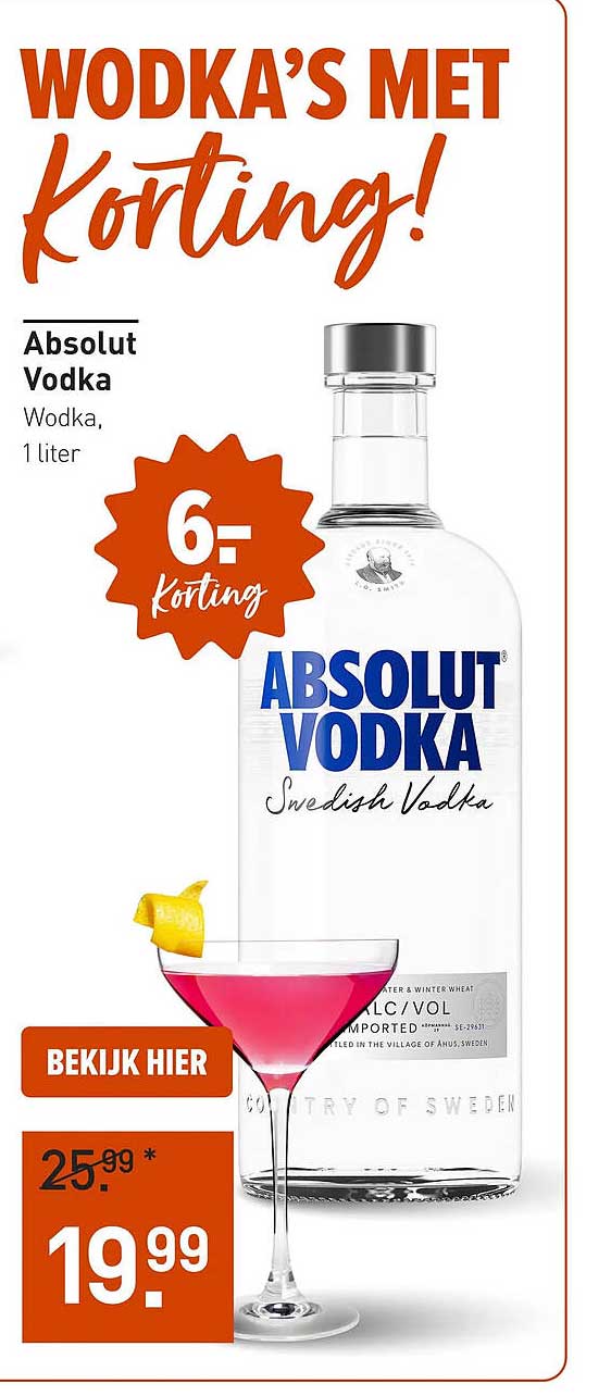 Absolut Vodka Wodka, 1 liter 6,- korting