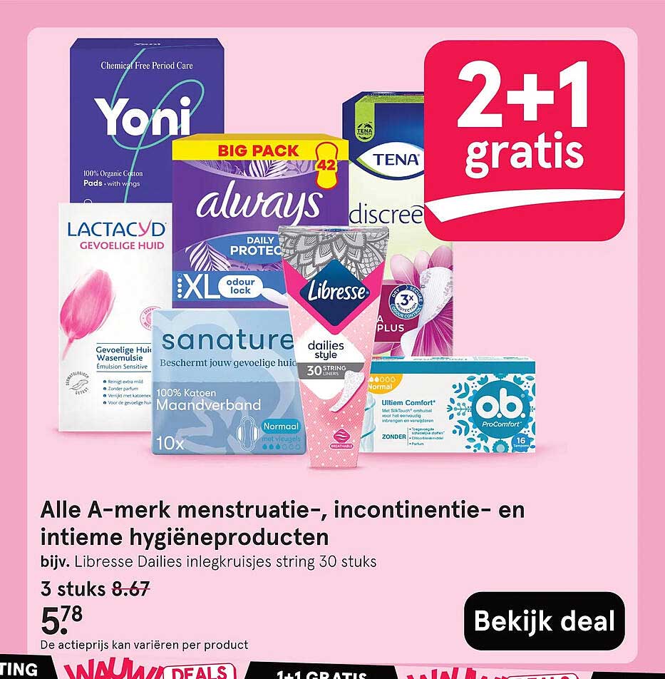 Alle A-merk menstruatie-, incontinentie- en intieme hygiëneproducten 2+1 gratis