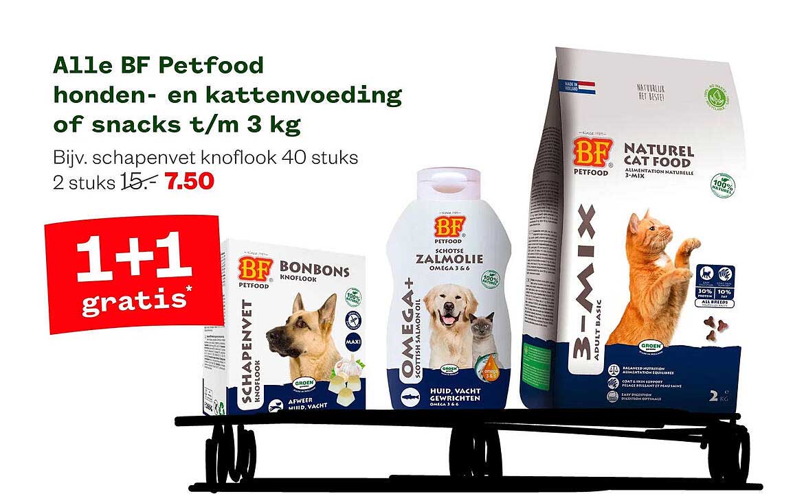 Alle BF Petfood honden- en kattenvoeding of snacks t/m 3 kg 1+1 gratis
