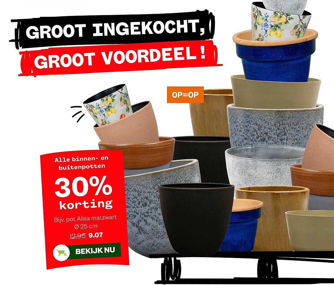 Alle binnen- en buitenpotten 30% korting