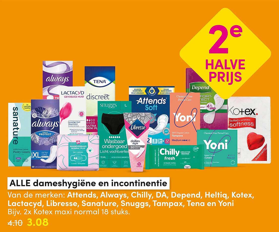 ALLE dameshygiëne en incontinentie 2e halve prijs