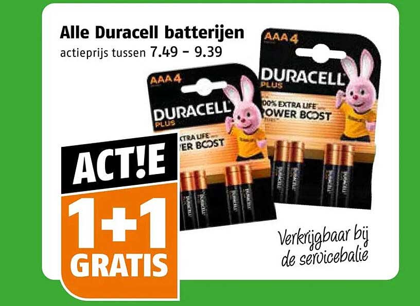 Alle Duracell batterijen 1+1 gratis
