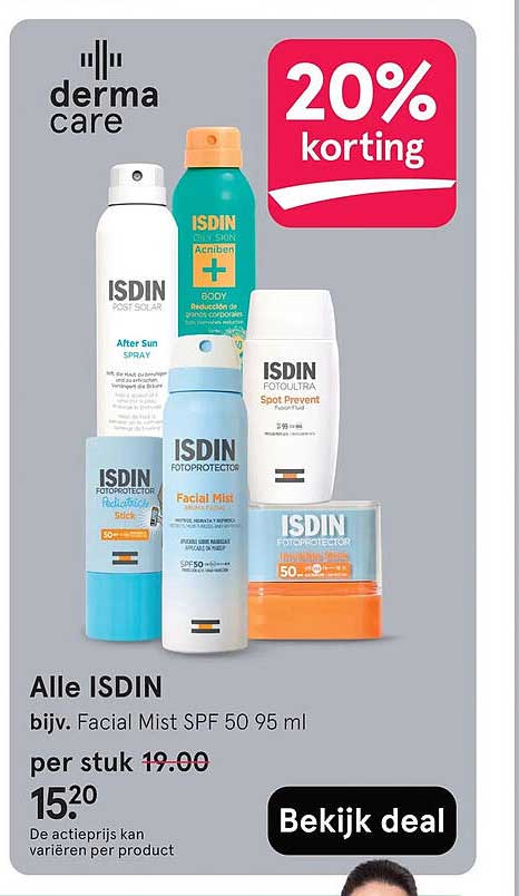 Alle ISDIN bijv. Facial Mist SPF 50 95 ml 20% korting