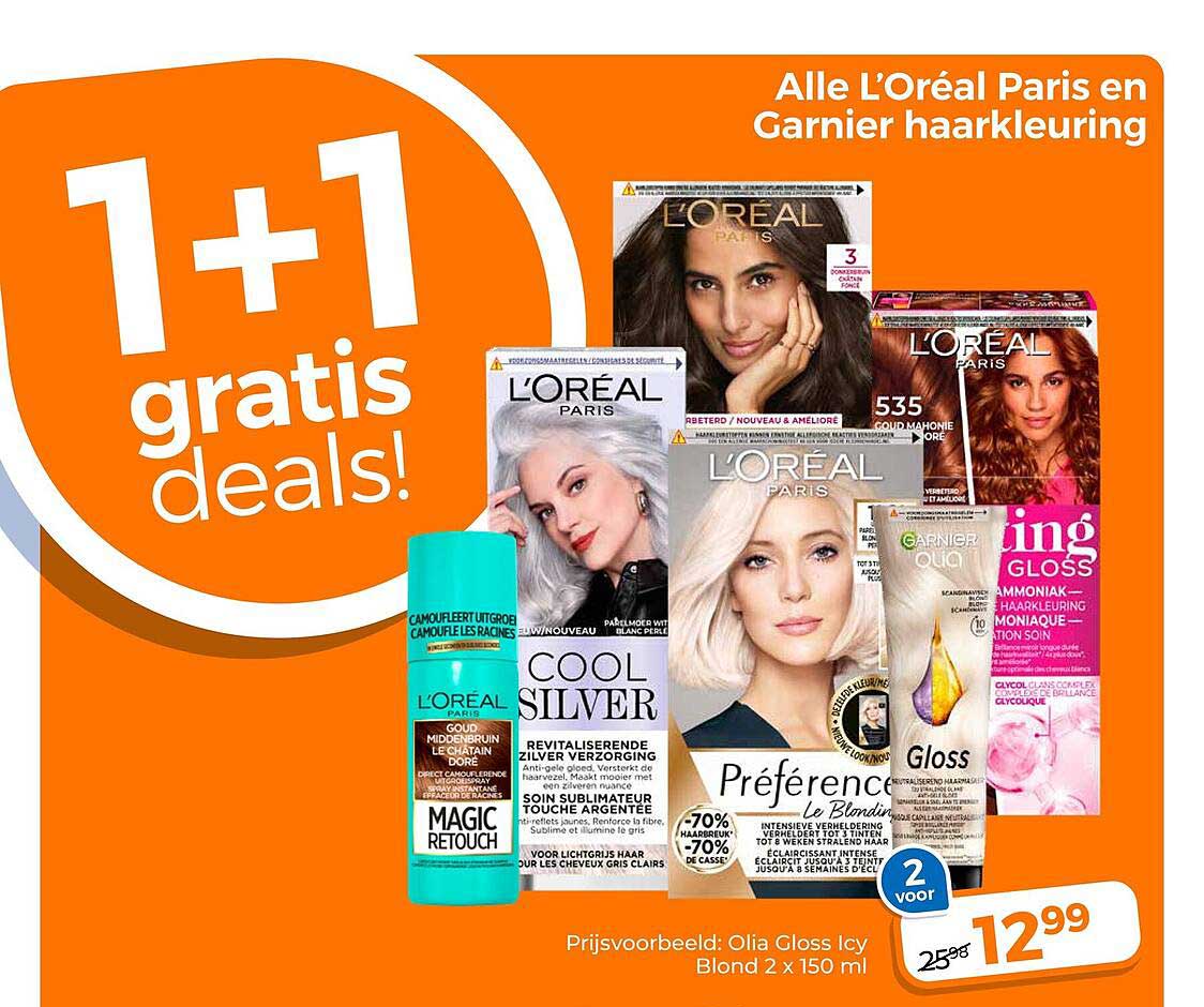 Alle L'Oréal Paris en Garnier haarkleuring 1+1 gratis deals!