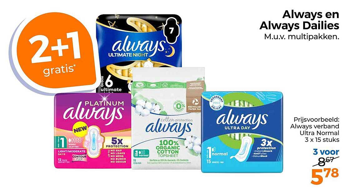 Always en Always Dailies M.u.v. multipakken. 2+1 gratis*