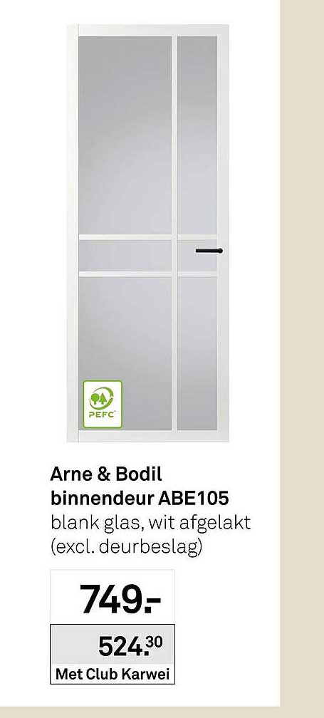 Arne & Bodil binnendeur ABE105 blank glas, wit afgelakt (excl. deurbeslag)