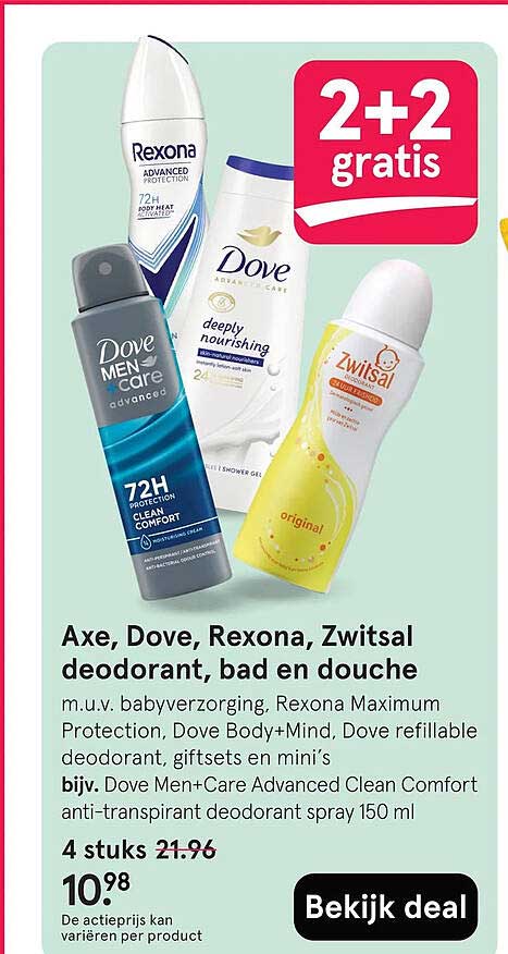 Axe, Dove, Rexona, Zwitsal deodorant, bad en douche 2+2 gratis