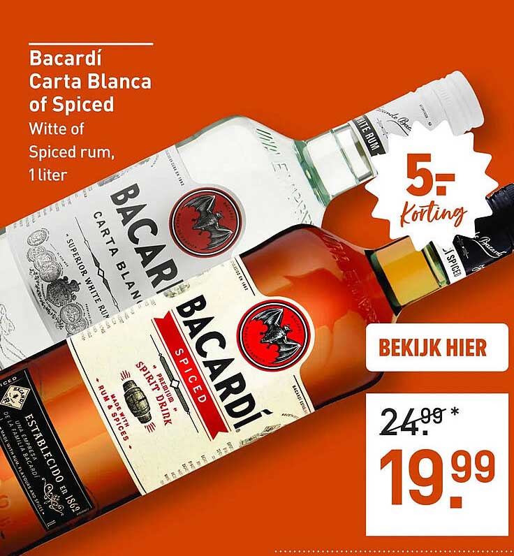 Bacardí Carta Blanca of Spiced Witte of Spiced rum, 1 liter