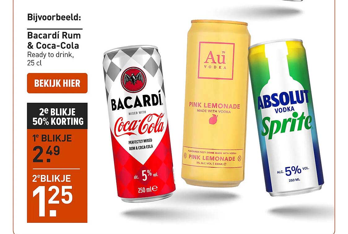 Bacardí Rum & Coca-Cola Ready to drink, 25 cl 2e blikje 50% korting
