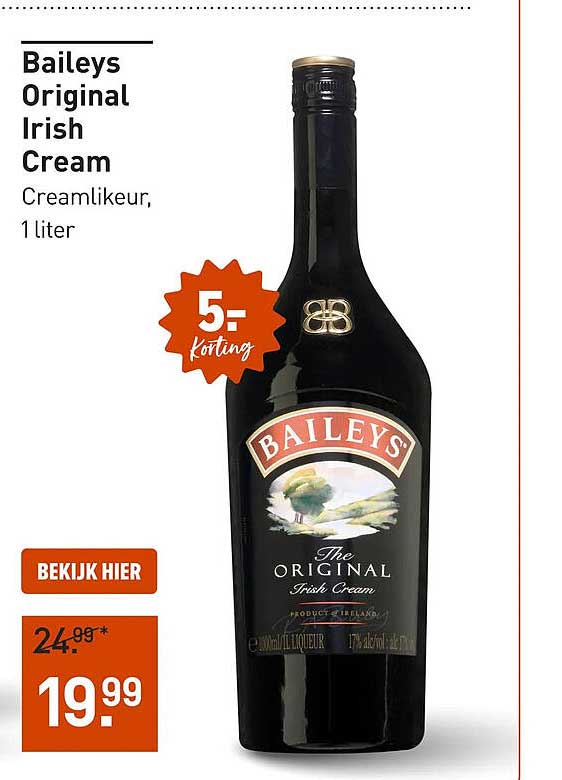 Baileys Original Irish Cream Creamlikeur, 1 liter 5,- korting