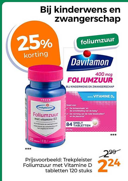 Bij kinderwens en zwangerschap 25% korting Davitamon foliumzuur 400 mcg extra vitamine D3 84 smelt tabletten