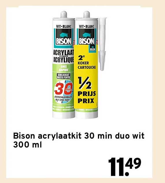 Bison acrylaatkit 30 min duo wit 300 ml 2e koker cartridge 1/2 prijs