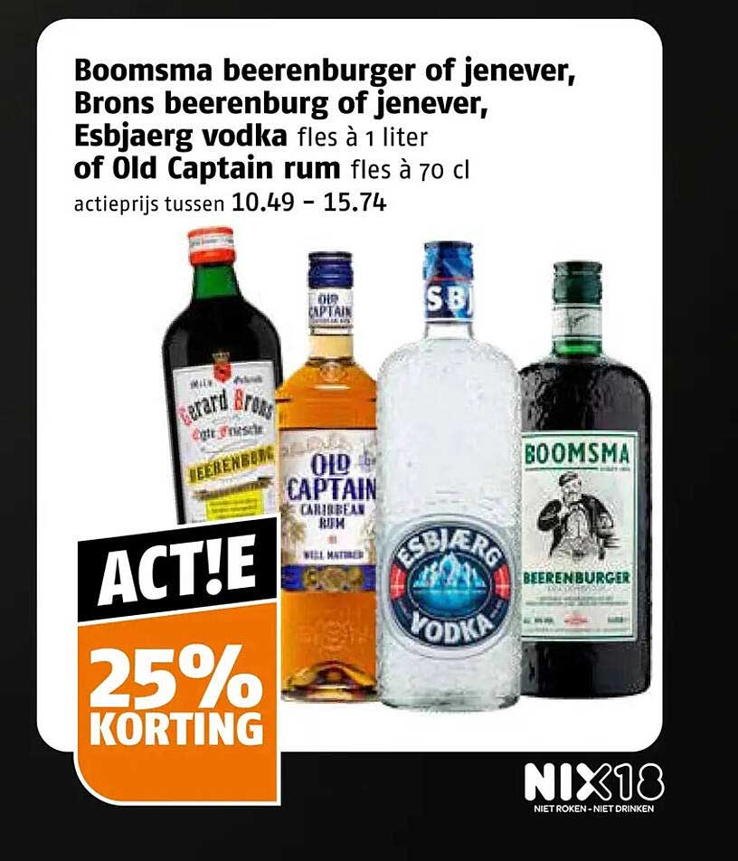 Boomsma beerenburger of jenever, Brons beerenburg of jenever, Esbjaerg vodka fles à 1 liter of Old Captain rum fles à 70 cl 25% KORTING