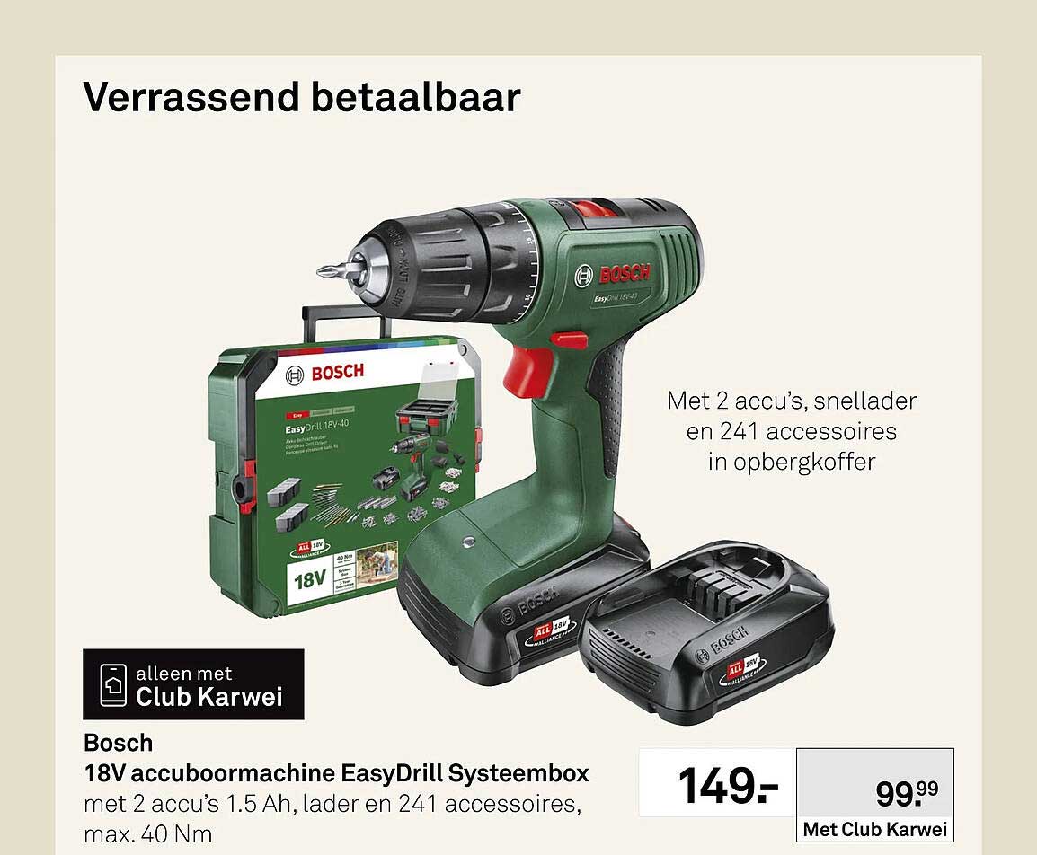 Bosch 18V accuboormachine EasyDrill Systeembox met 2 accu’s 1.5 Ah, lader en 241 accessoires, max. 40 Nm