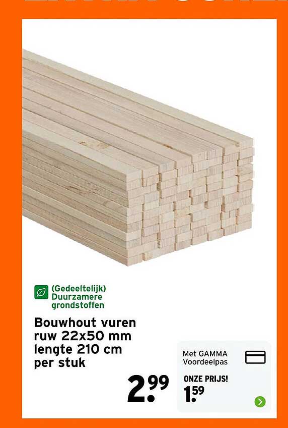 Bouwhout vuren ruw 22x50 mm lengte 210 cm per stuk