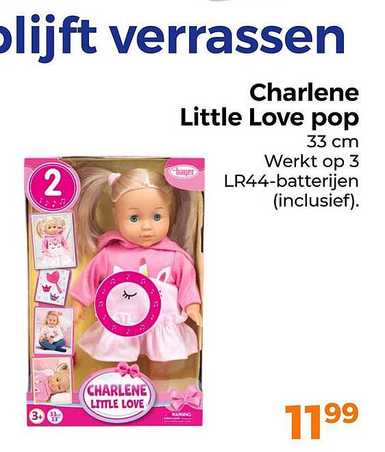 Charlene Little Love pop 33 cm Werkt op 3 LR44-batterijen (inclusief).