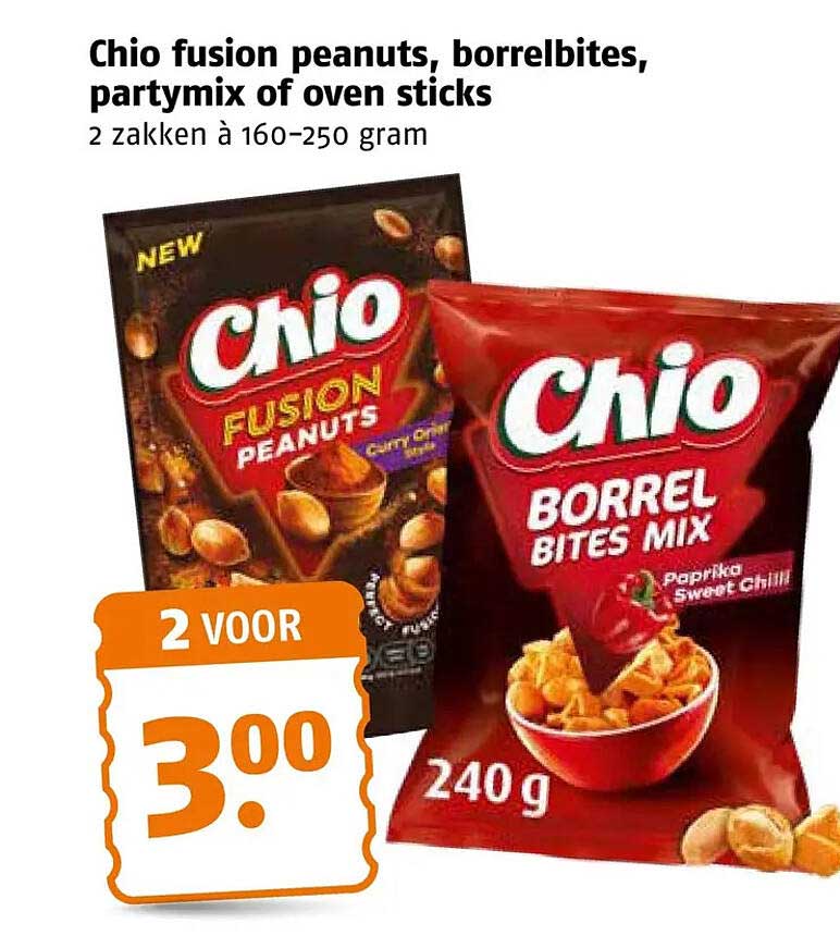 Chio fusion peanuts, borrelbites, partymix of oven sticks