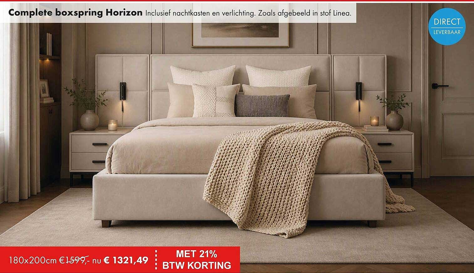 Complete boxspring Horizon Inclusief nachtkasten en verlichting. Zoals afgebeeld in stof Linea. MET 21% BTW KORTING