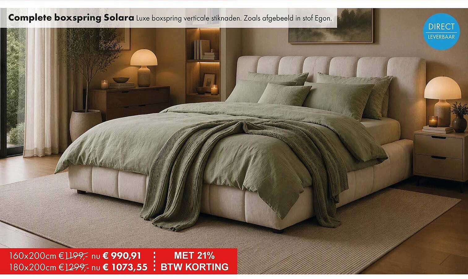 Complete boxspring Solara Luxe boxspring verticale stiknaden. Zoals afgebeeld in stof Egon. MET 21% BTW KORTING