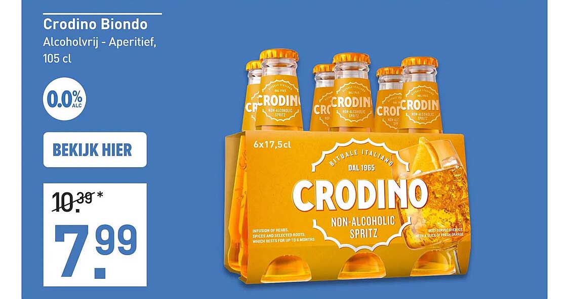 Crodino Biondo Alcoholvrij - Aperitief, 105 cl