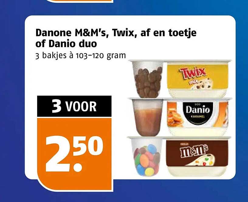 Danone M&M's, Twix, af en toetje of Danio duo 3 bakjes à 103–120 gram