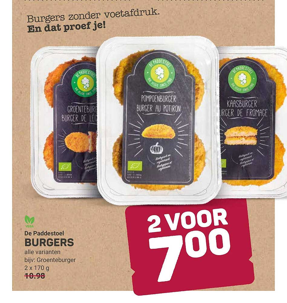 De Paddestoel BURGERS alle varianten biv: Groenteburger 2 x 170 g 2 voor 7,00