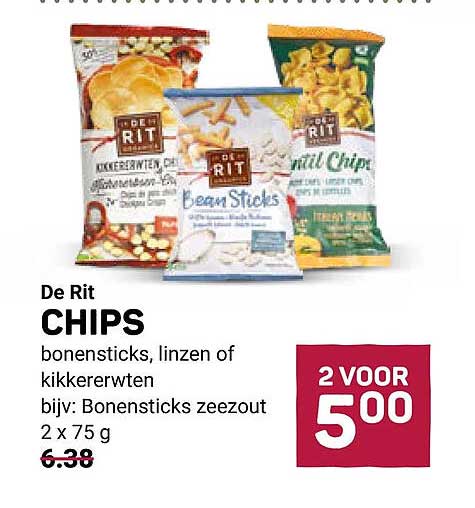 De Rit CHIPS bonensticks, linzen of kikkererwten bijv: Bonensticks zeezout 2 x 75 g 2 VOOR 5,00