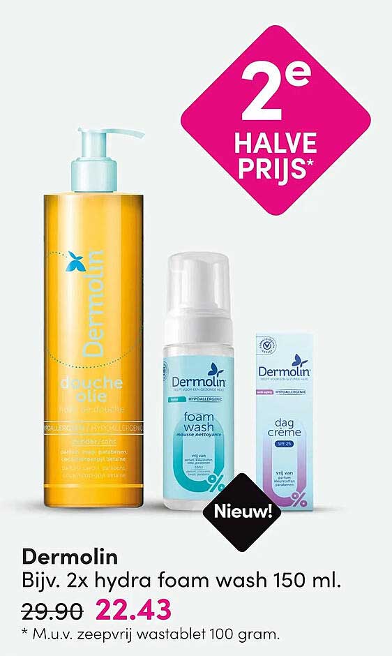 Dermolin Bijv. 2x hydra foam wash 150 ml. 2e halve prijs