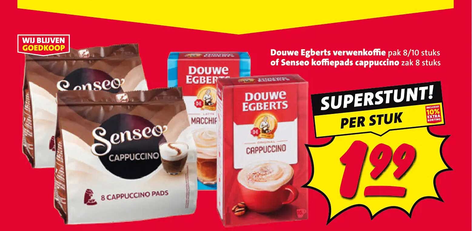 Douwe Egberts verwenkoffie pak 8/10 stuks of Senseo koffiepads cappuccino zak 8 stuks SUPERSTUNT! PER STUK