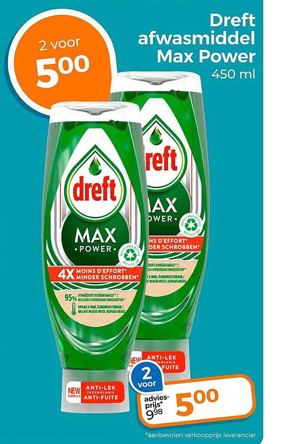 Dreft afwasmiddel Max Power 450 ml 2 voor 500