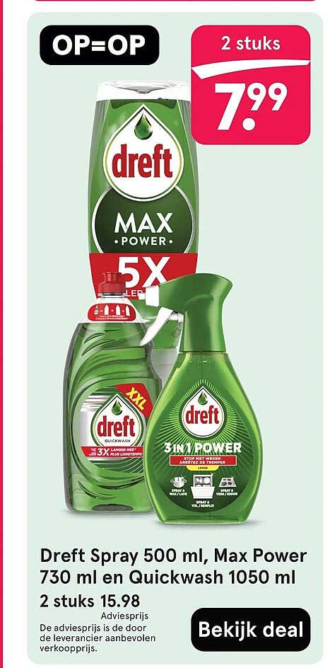 Dreft Spray 500 ml, Max Power 730 ml en Quickwash 1050 ml 2 stuks