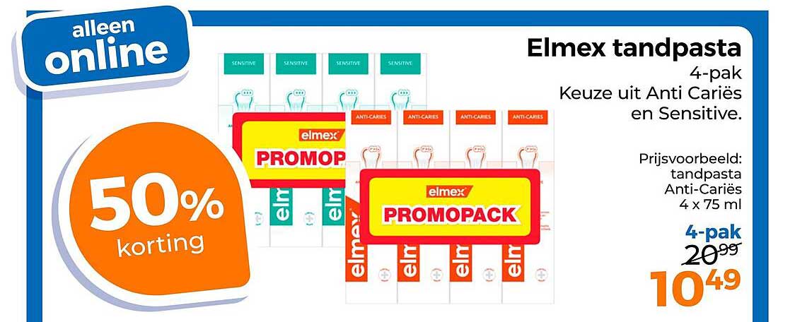 Elmex tandpasta 4-pak Keuze uit Anti Cariës en Sensitive. 50% korting