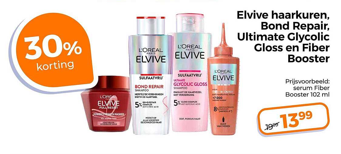 Elvive haarverzorging, Bond Repair, Ultimate Glycolic Gloss en Fiber Booster 30% korting