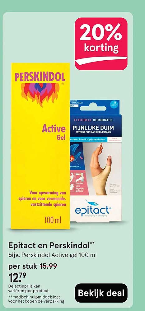 Epitact en Perskindol** bijv. Perskindol Active gel 100 ml 20% korting