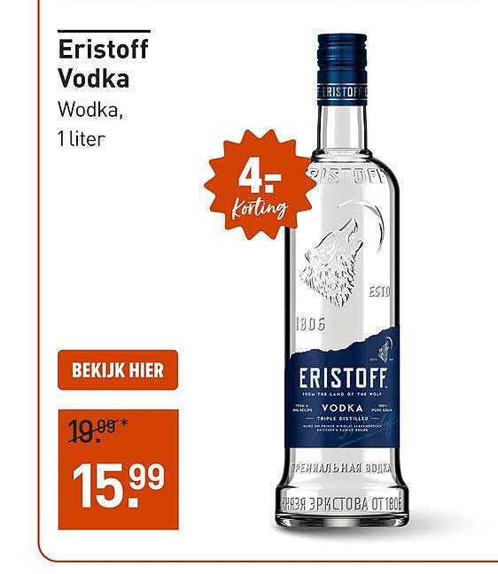 Eristoff Vodka Wodka, 1 liter 4:- korting