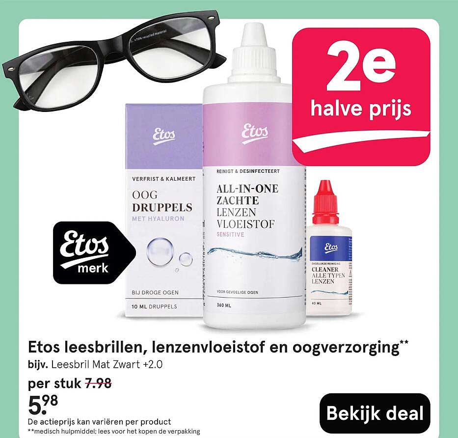 Etos leesbrillen, lenzenvloeistof en oogverzorging 2e halve prijs