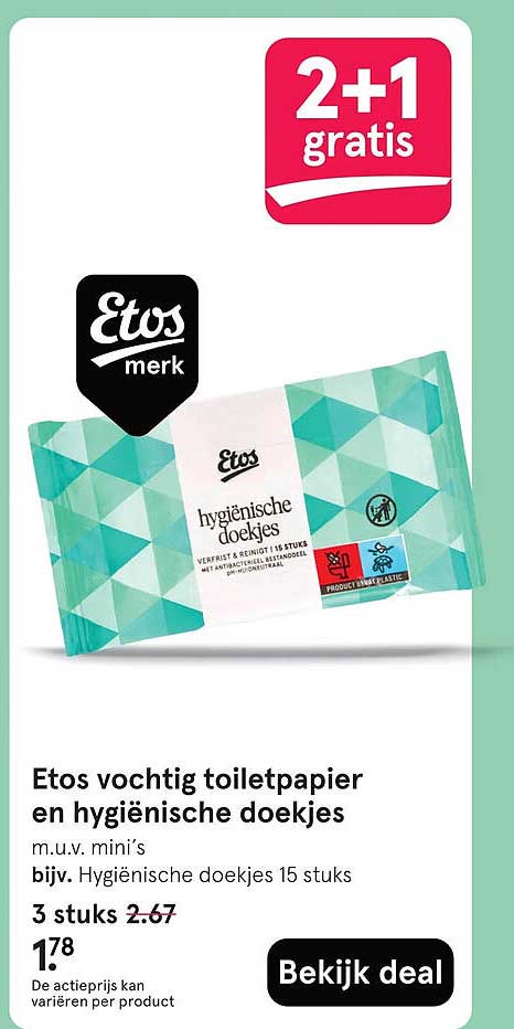 Etos vochtig toiletpapier en hygiënische doekjes 2+1 gratis