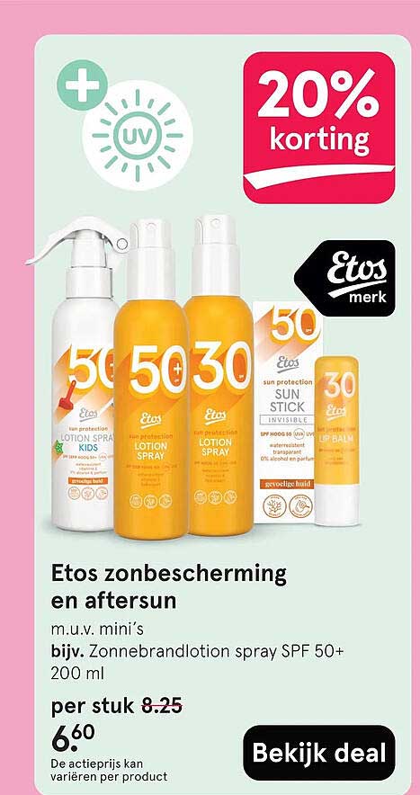 Etos zonbescherming en aftersun m.u.v. mini’s bijv. Zonnebrandlotion spray SPF 50+ 200 ml 20% korting