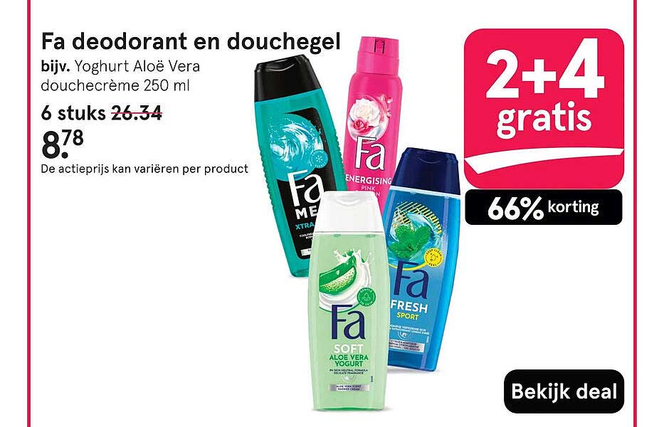 Fa deodorant en douchegel bijv. Yoghurt Aloë Vera douchecrème 250 ml 2+4 gratis